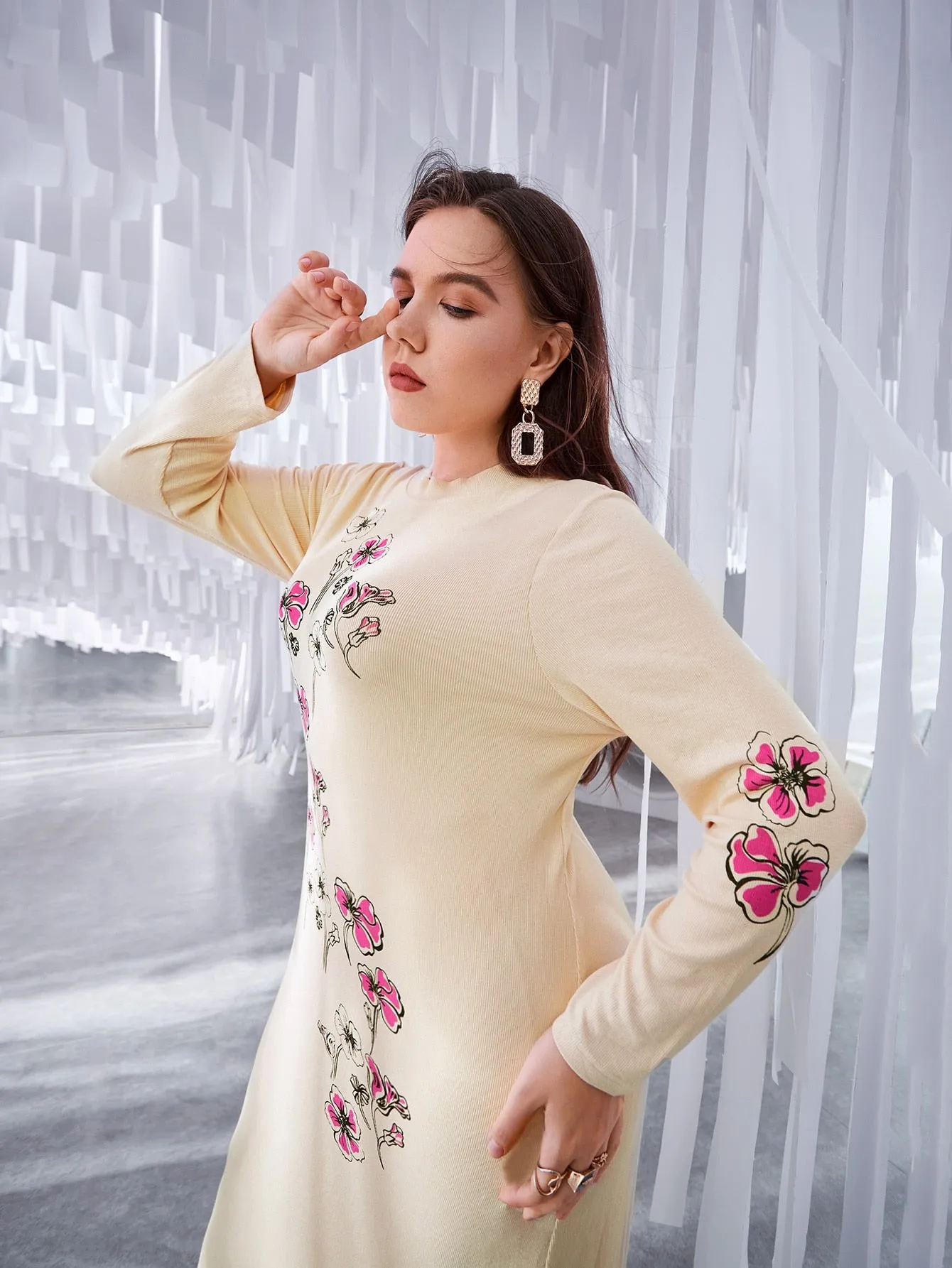 Casual Floral Long Sleeve Round Neck Straight Natural Midi Plus Size Dress