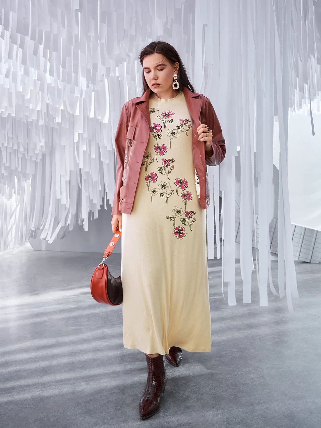 Casual Floral Long Sleeve Round Neck Straight Natural Midi Plus Size Dress