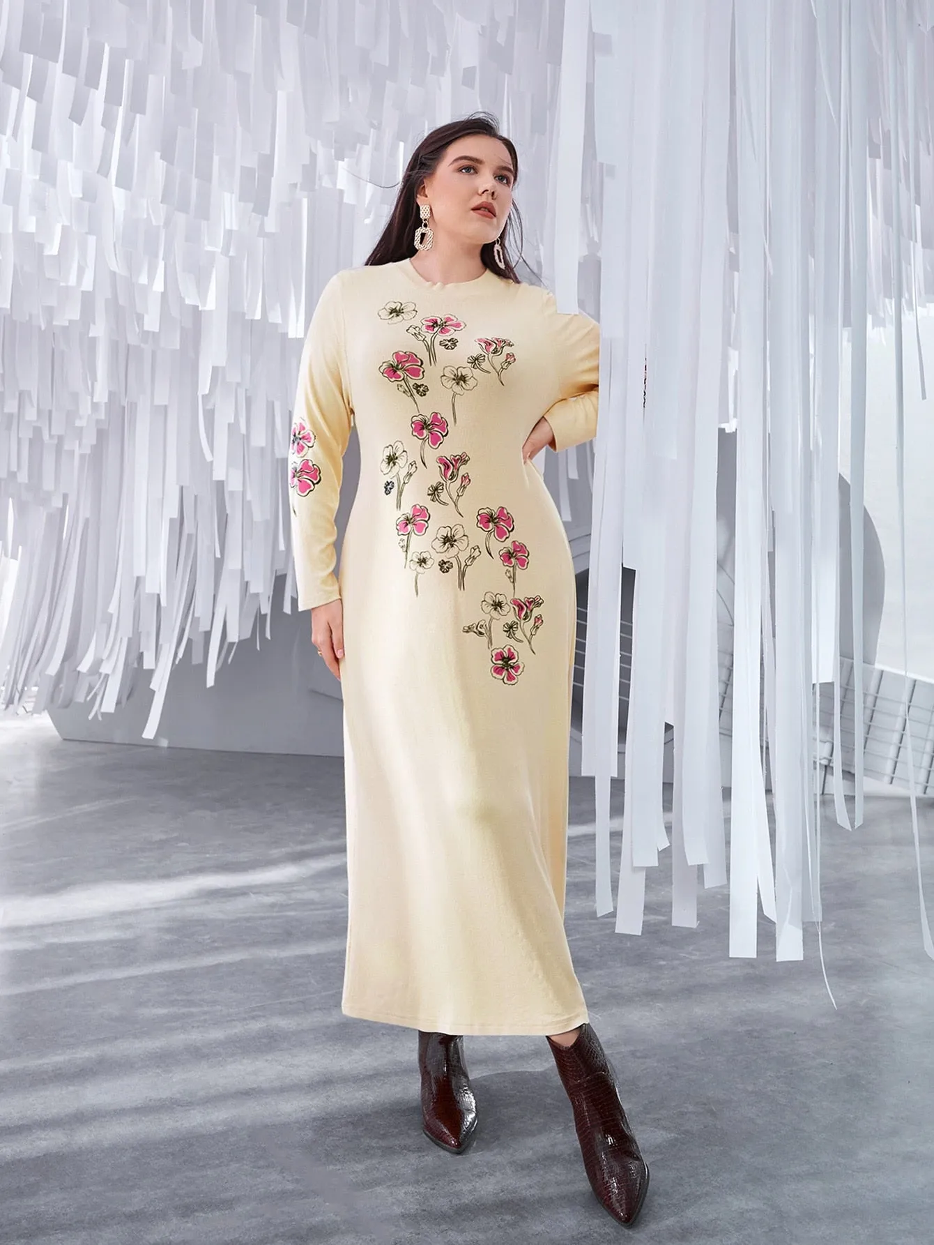 Casual Floral Long Sleeve Round Neck Straight Natural Midi Plus Size Dress