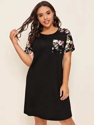 Casual Floral Pocket Short Sleeve Round Neck Straight Natural Short Plus Size Dress
