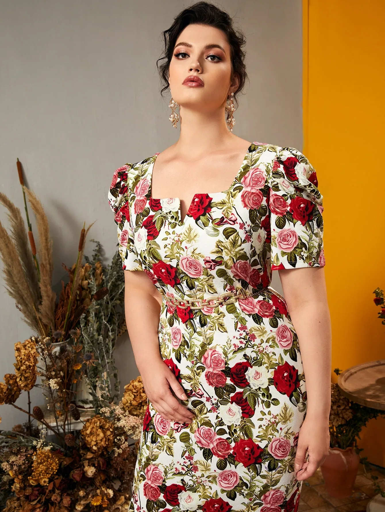 Casual Floral Ruffle Hem Short Sleeve Notched Mermaid High Waist Long Plus Size Dress