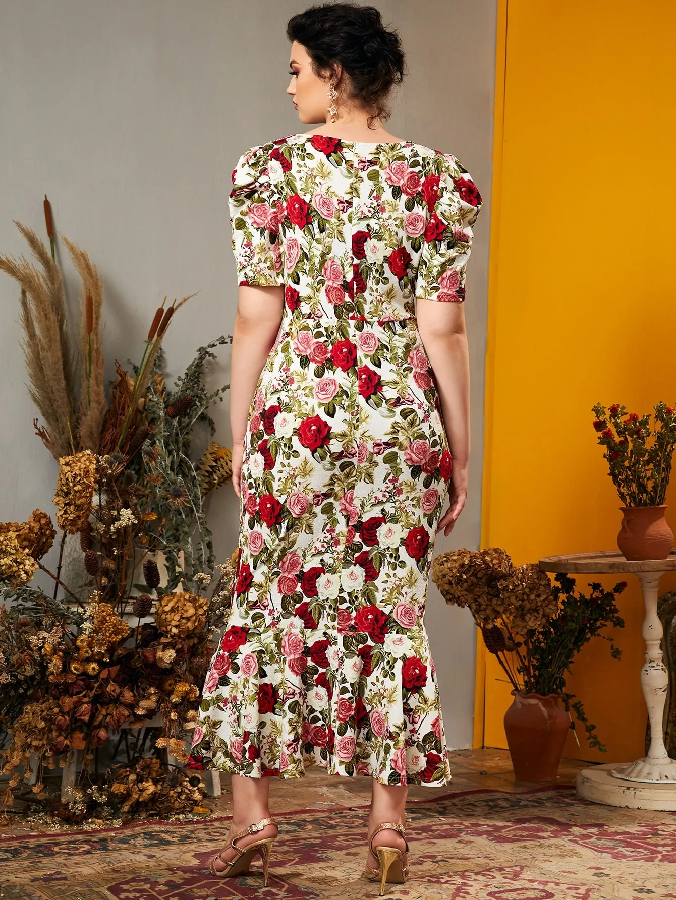 Casual Floral Ruffle Hem Short Sleeve Notched Mermaid High Waist Long Plus Size Dress