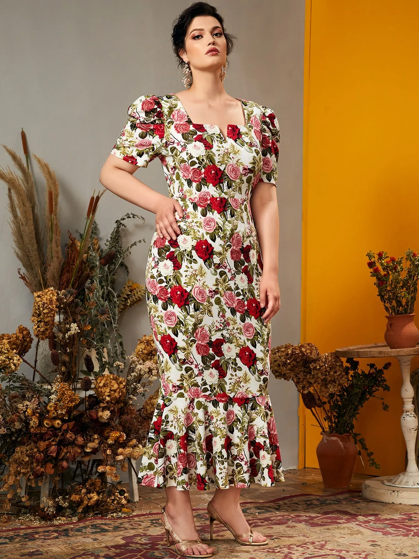 Casual Floral Ruffle Hem Short Sleeve Notched Mermaid High Waist Long Plus Size Dress