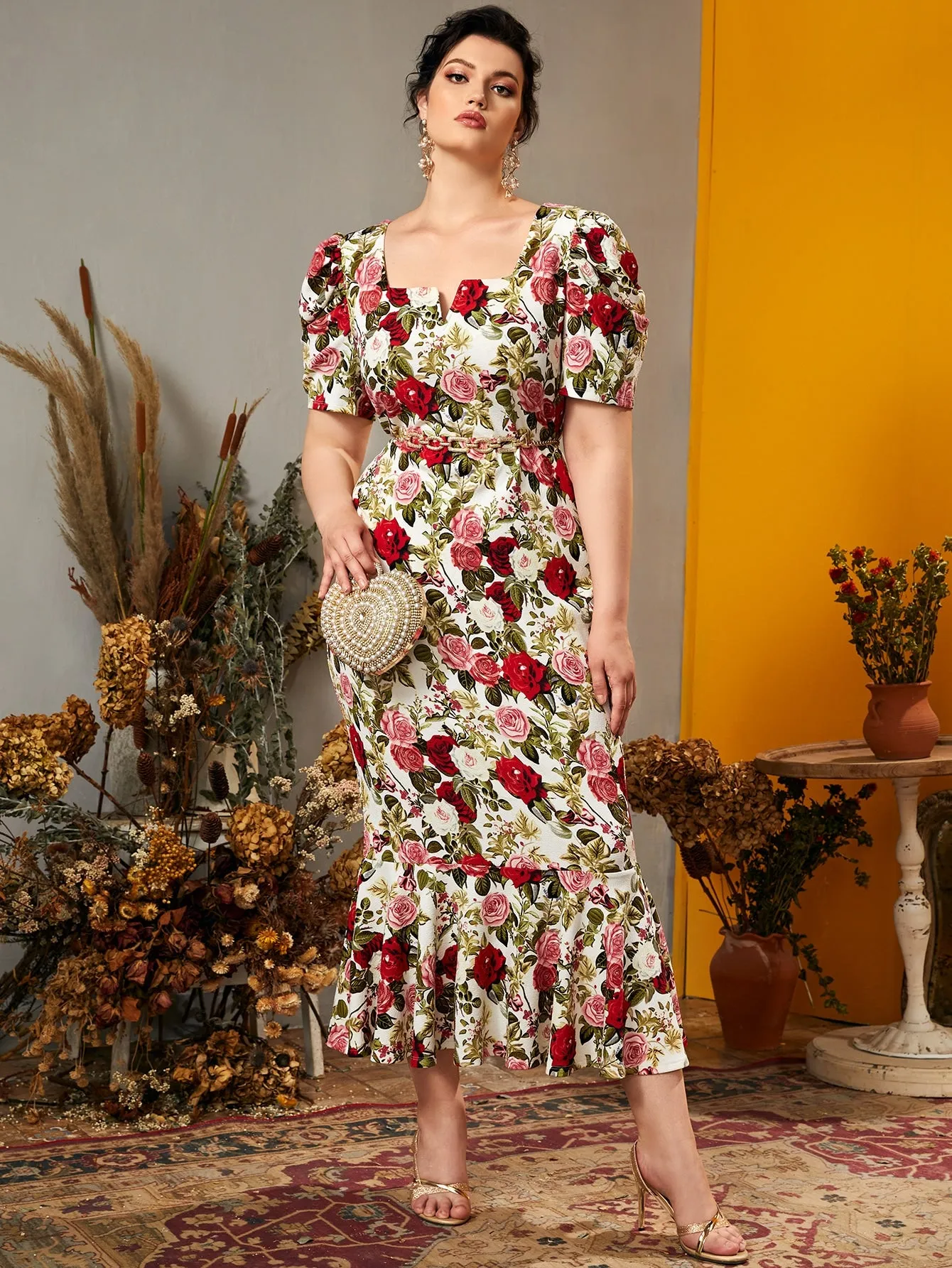 Casual Floral Ruffle Hem Short Sleeve Notched Mermaid High Waist Long Plus Size Dress