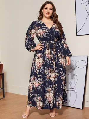 Casual Floral Wrap Long Sleeve V Neck Flared High Waist Maxi Plus Size Dress