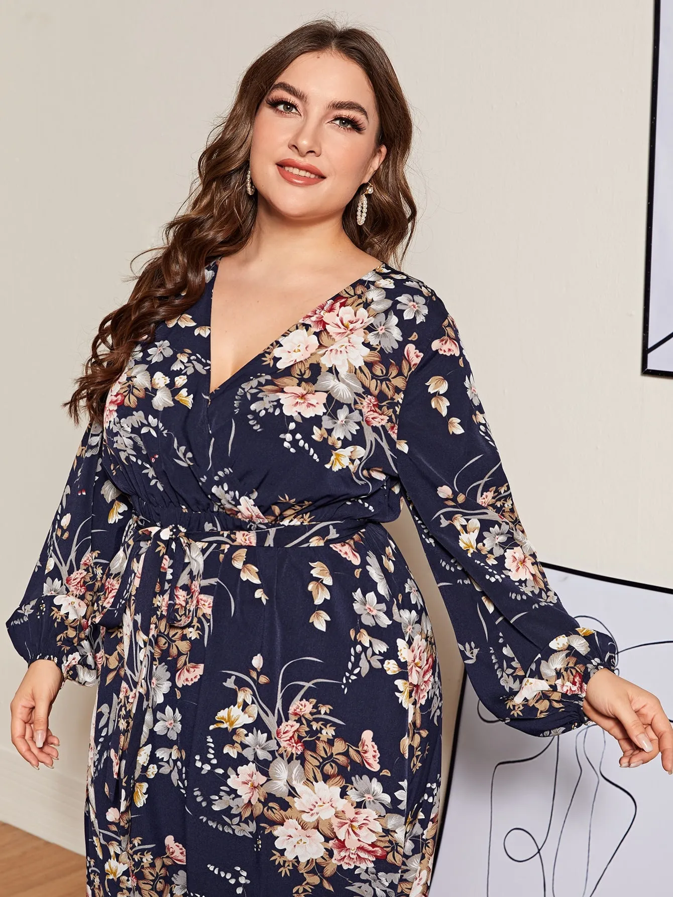 Casual Floral Wrap Long Sleeve V Neck Flared High Waist Maxi Plus Size Dress