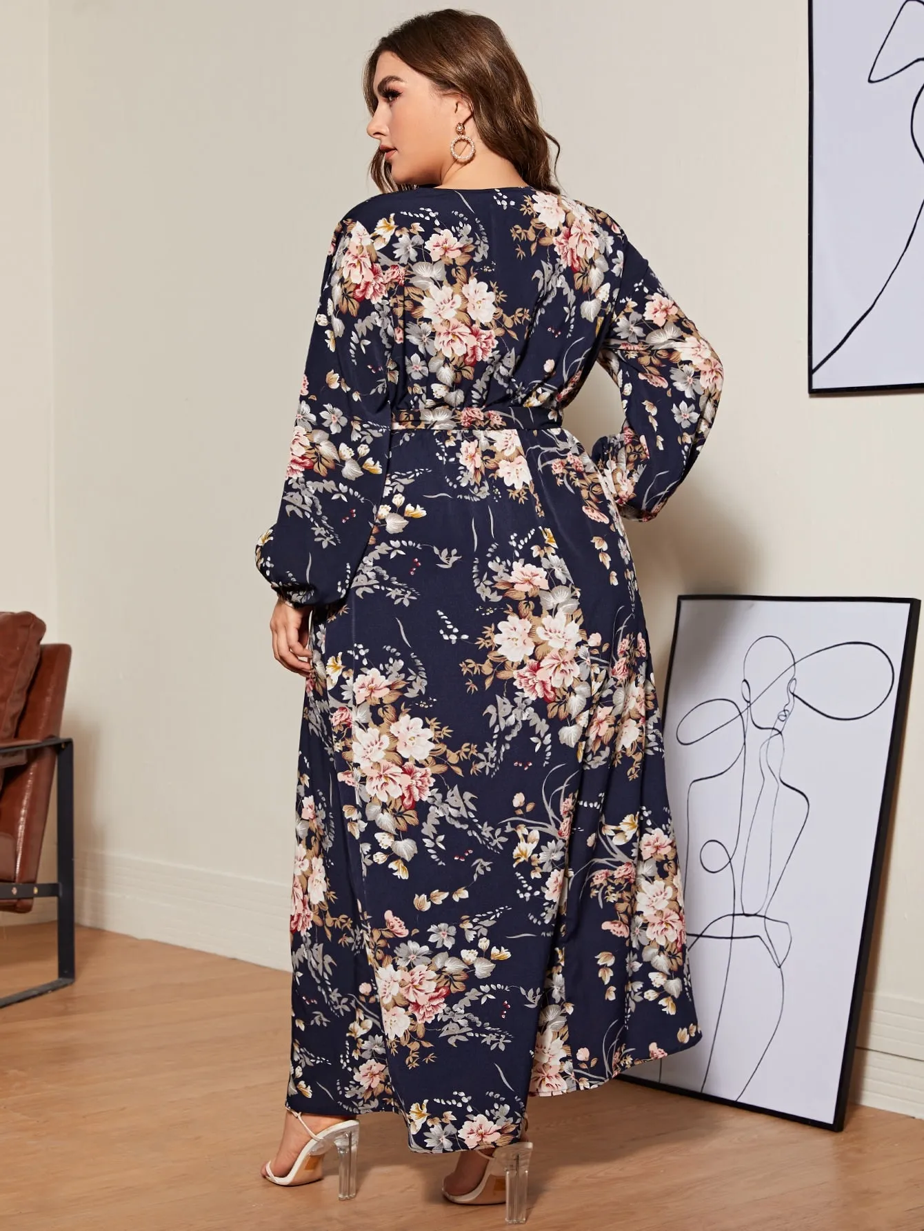 Casual Floral Wrap Long Sleeve V Neck Flared High Waist Maxi Plus Size Dress