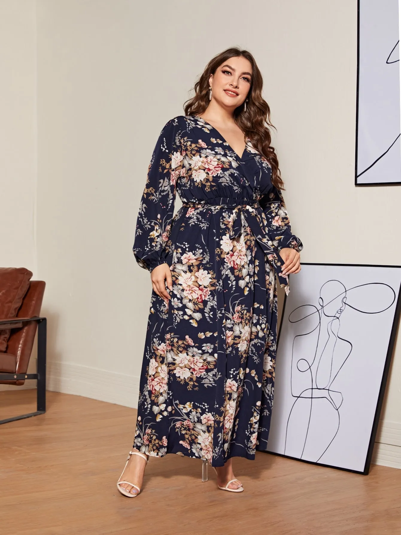 Casual Floral Wrap Long Sleeve V Neck Flared High Waist Maxi Plus Size Dress