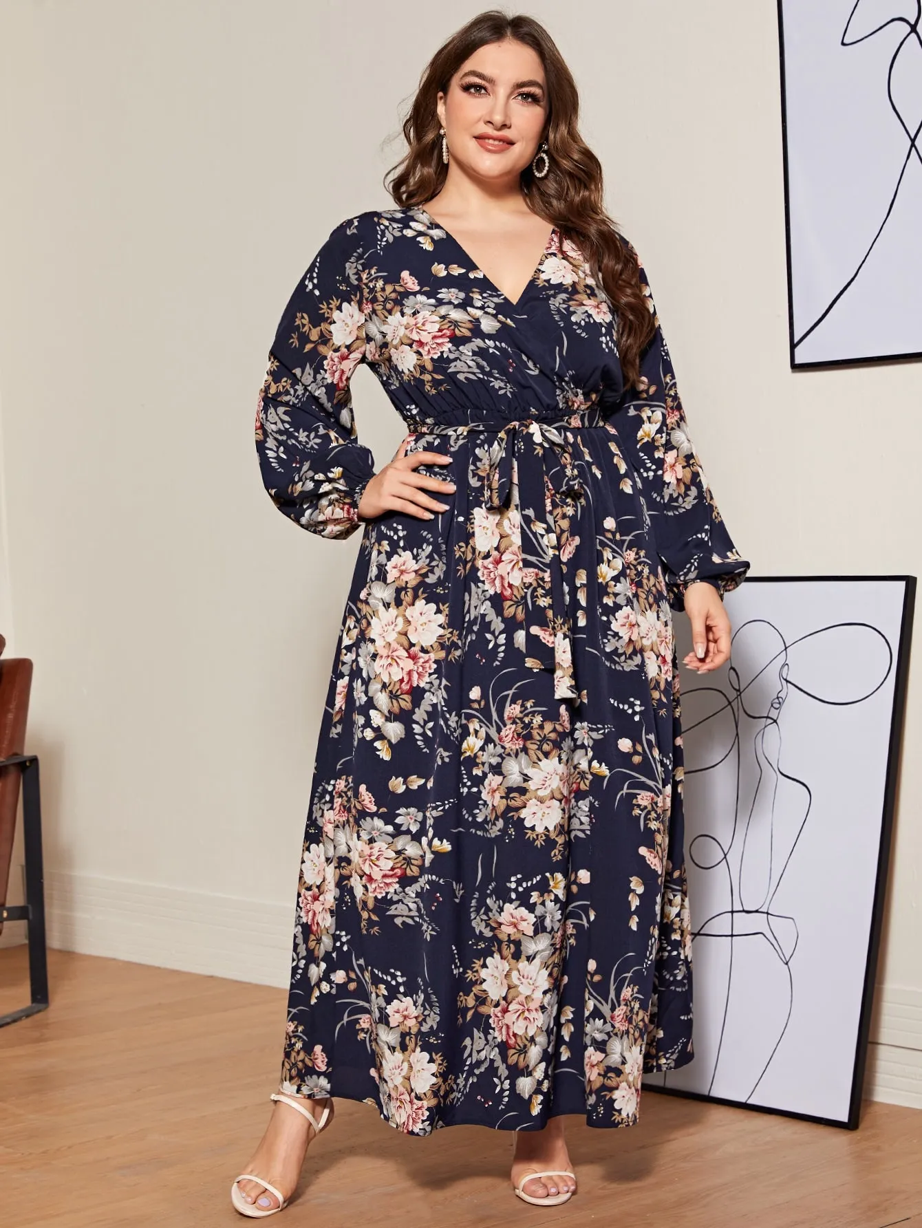 Casual Floral Wrap Long Sleeve V Neck Flared High Waist Maxi Plus Size Dress