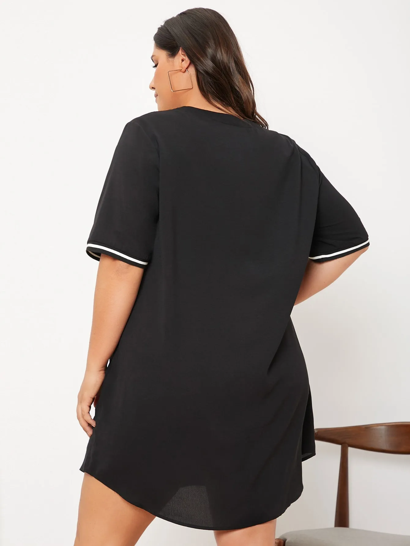 Casual Letter Button Half Sleeve Notched Straight Natural Short Plus Size Dress