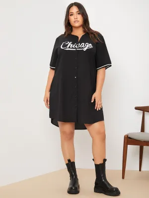 Casual Letter Button Half Sleeve Notched Straight Natural Short Plus Size Dress