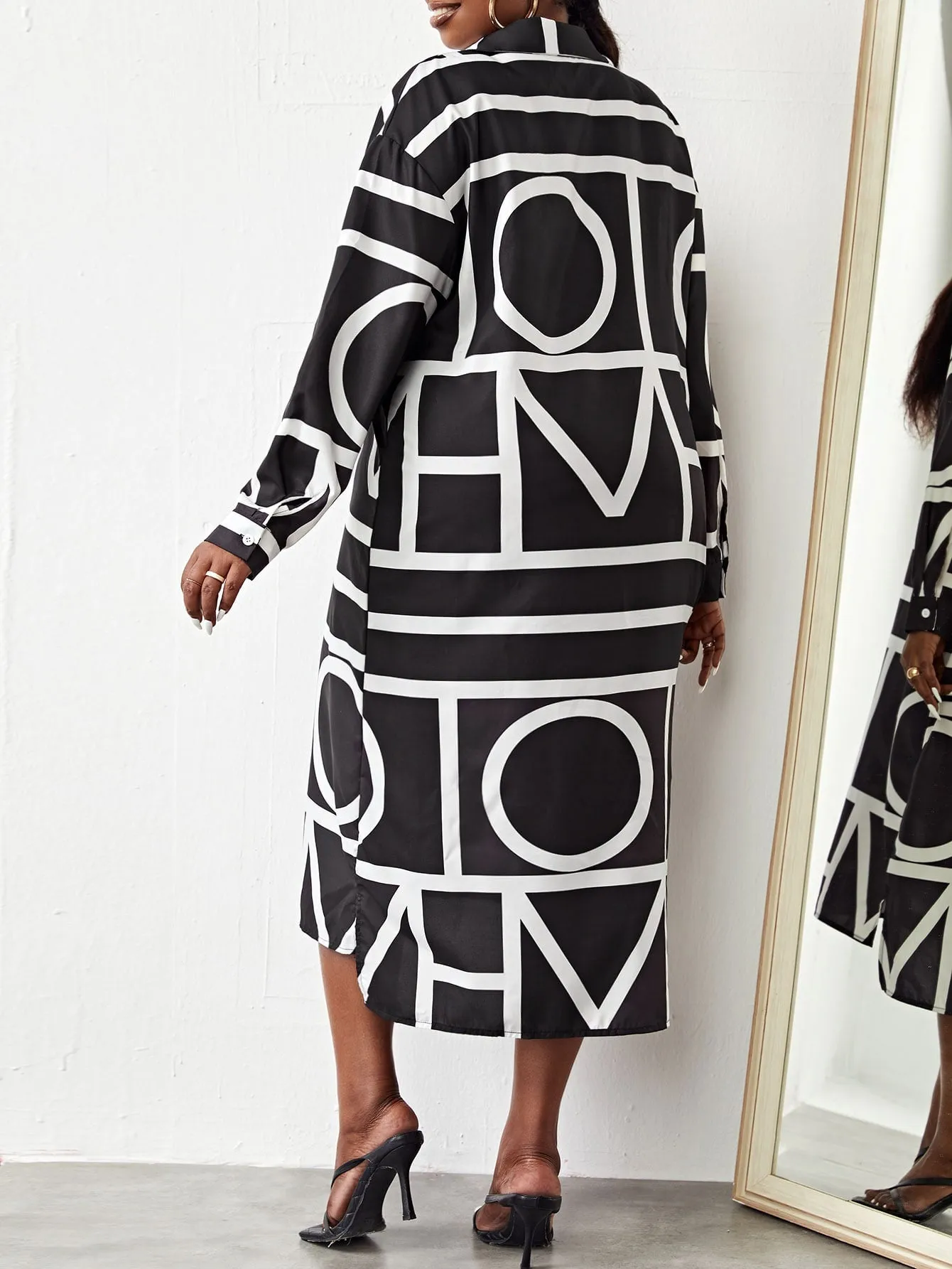Casual Letter Button Long Sleeve Collar Straight Natural Midi Plus Size Dress