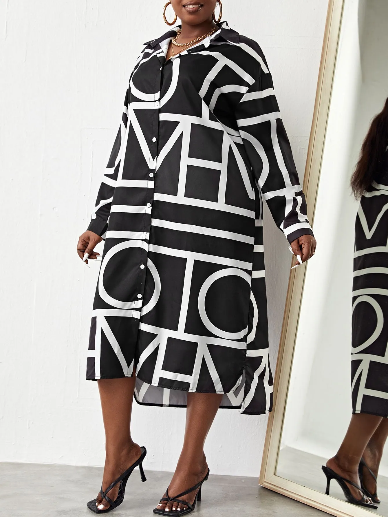 Casual Letter Button Long Sleeve Collar Straight Natural Midi Plus Size Dress