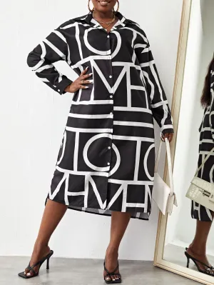 Casual Letter Button Long Sleeve Collar Straight Natural Midi Plus Size Dress