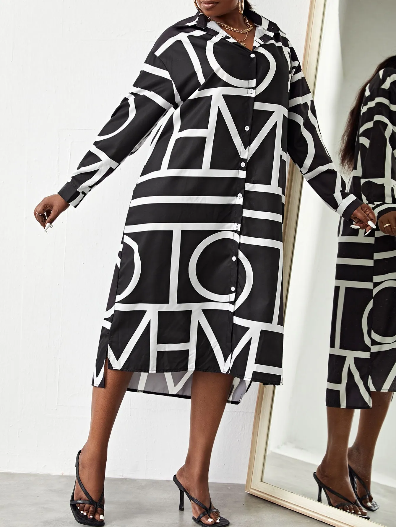 Casual Letter Button Long Sleeve Collar Straight Natural Midi Plus Size Dress