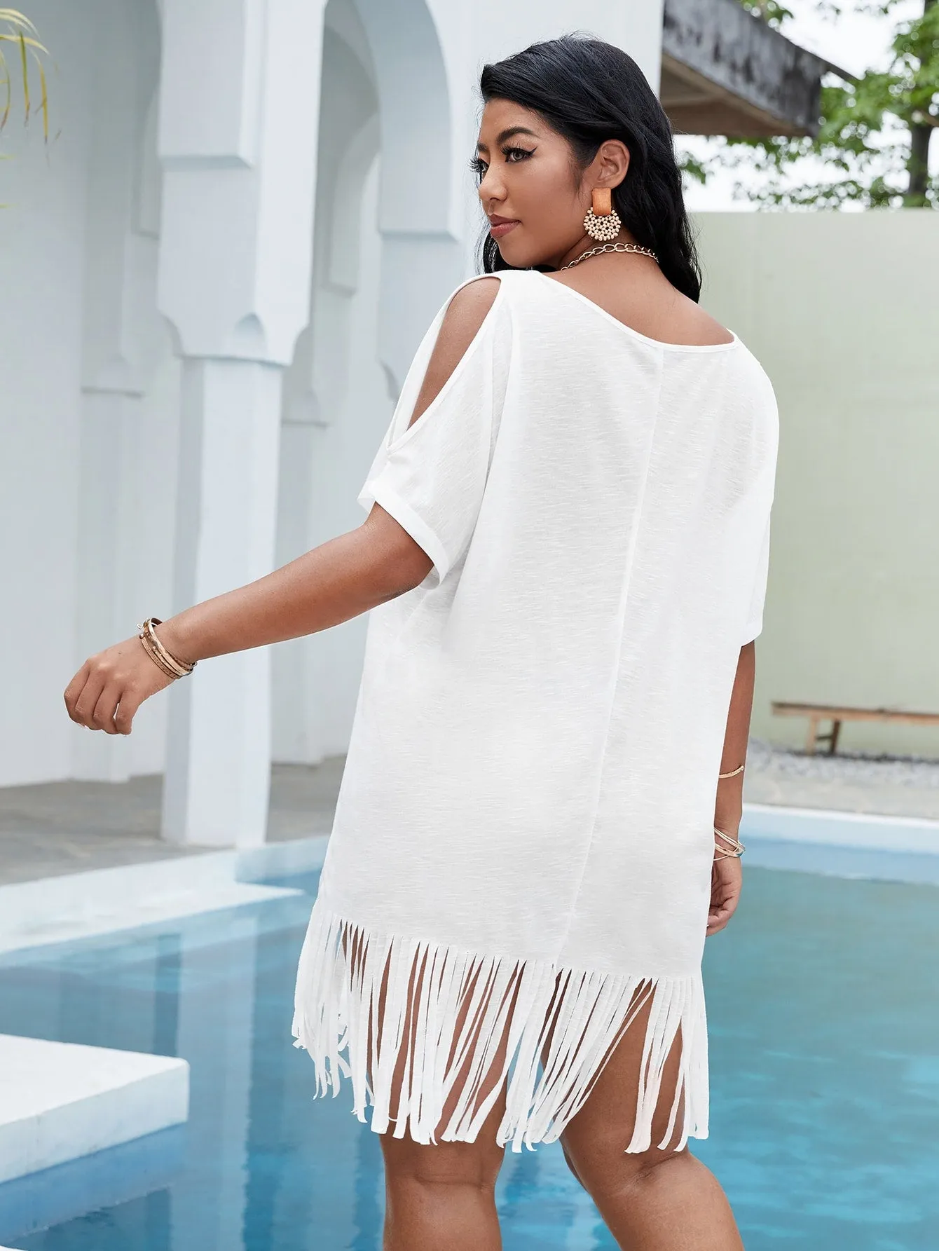 Casual Letter Fringe Short Sleeve Round Neck Straight Natural Short Plus Size Dress