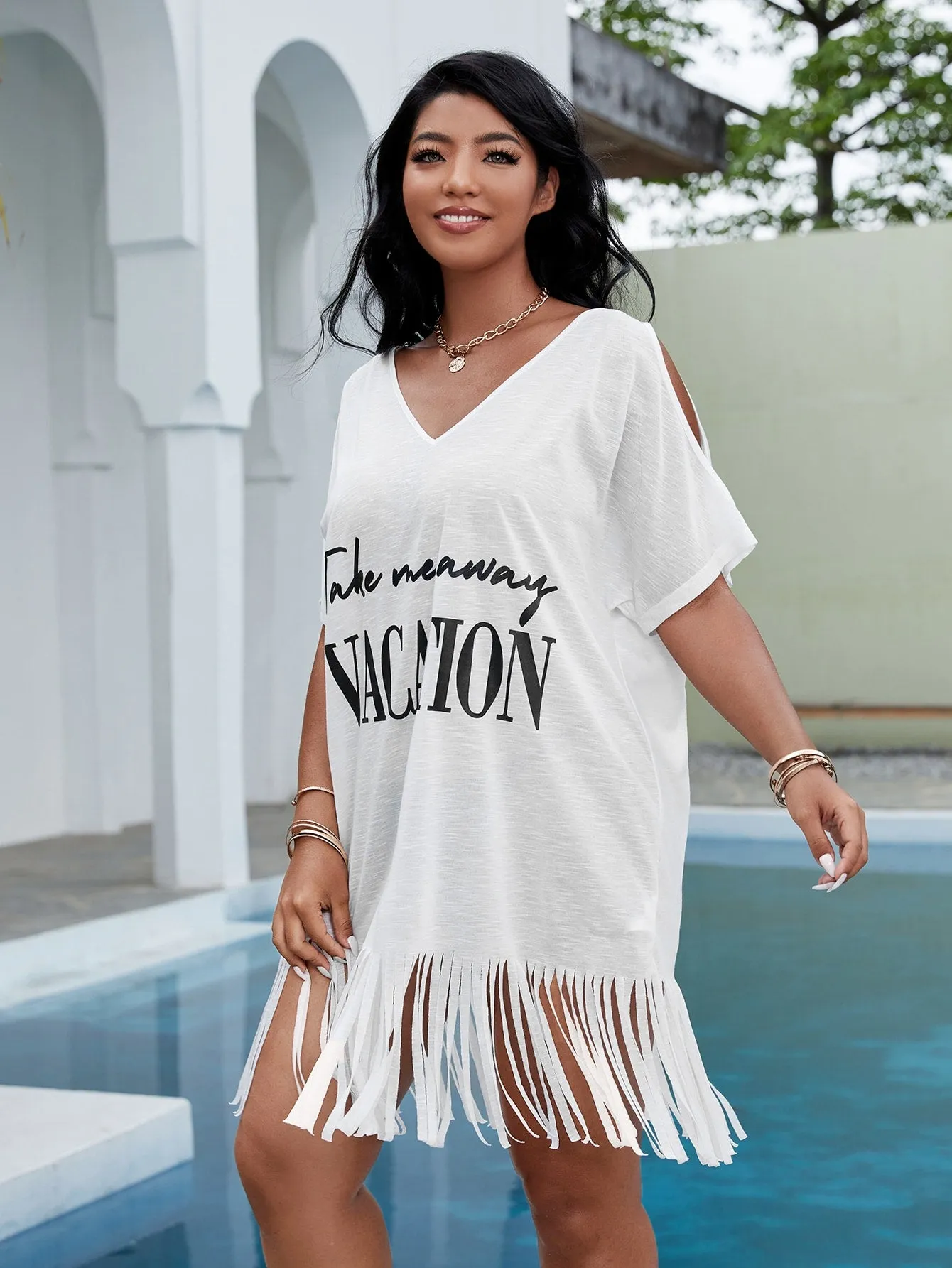 Casual Letter Fringe Short Sleeve Round Neck Straight Natural Short Plus Size Dress