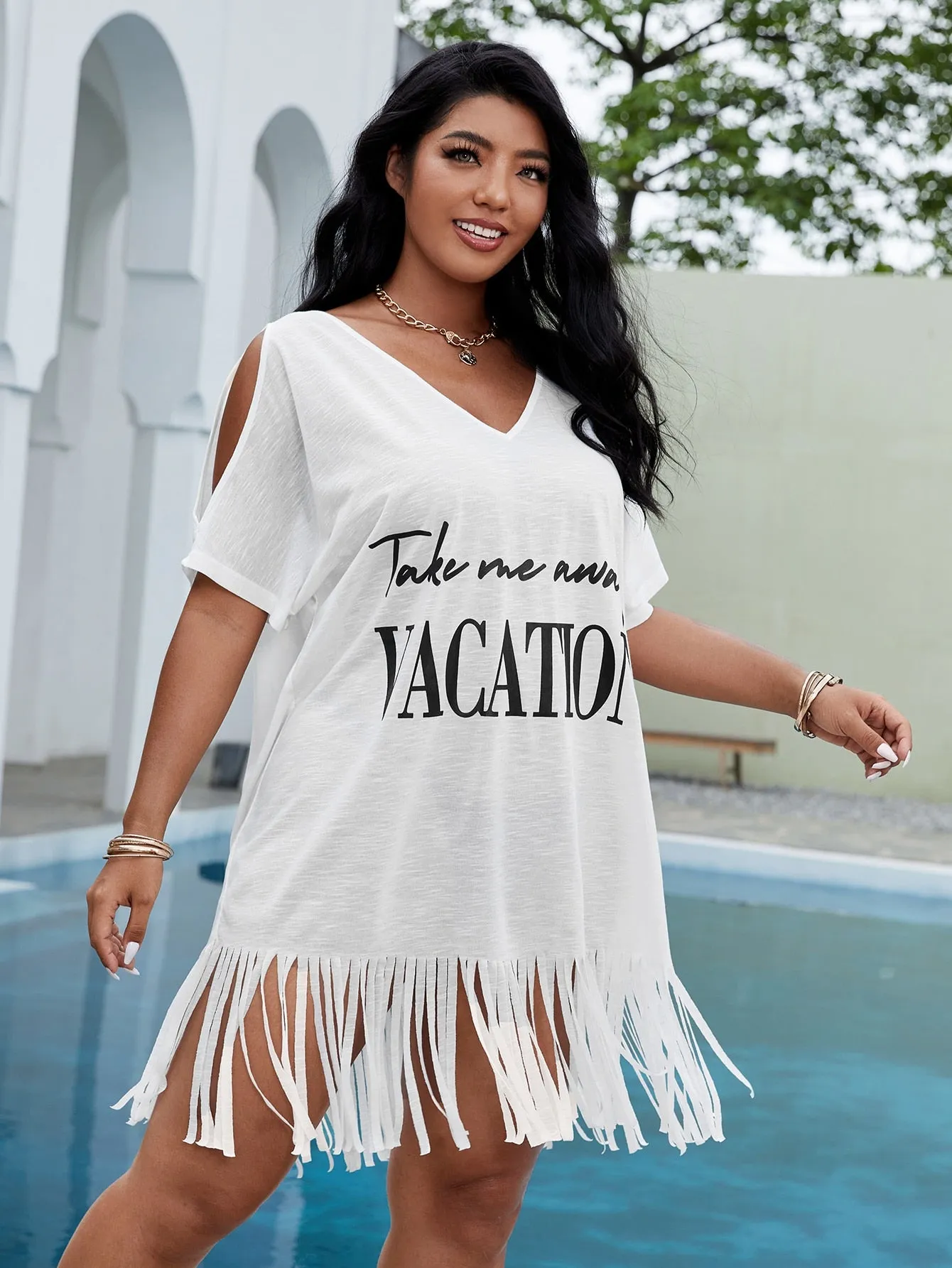 Casual Letter Fringe Short Sleeve Round Neck Straight Natural Short Plus Size Dress