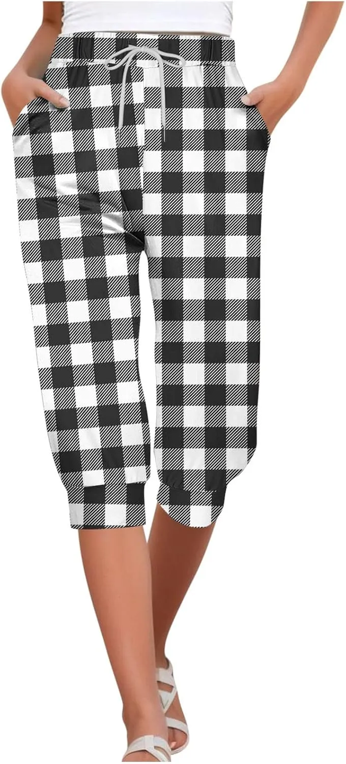 Casual Pants for Women Plaid Print Drawstring Pants Baggy Elastic Waist Straight Leg Comfort Trousers with Pockets