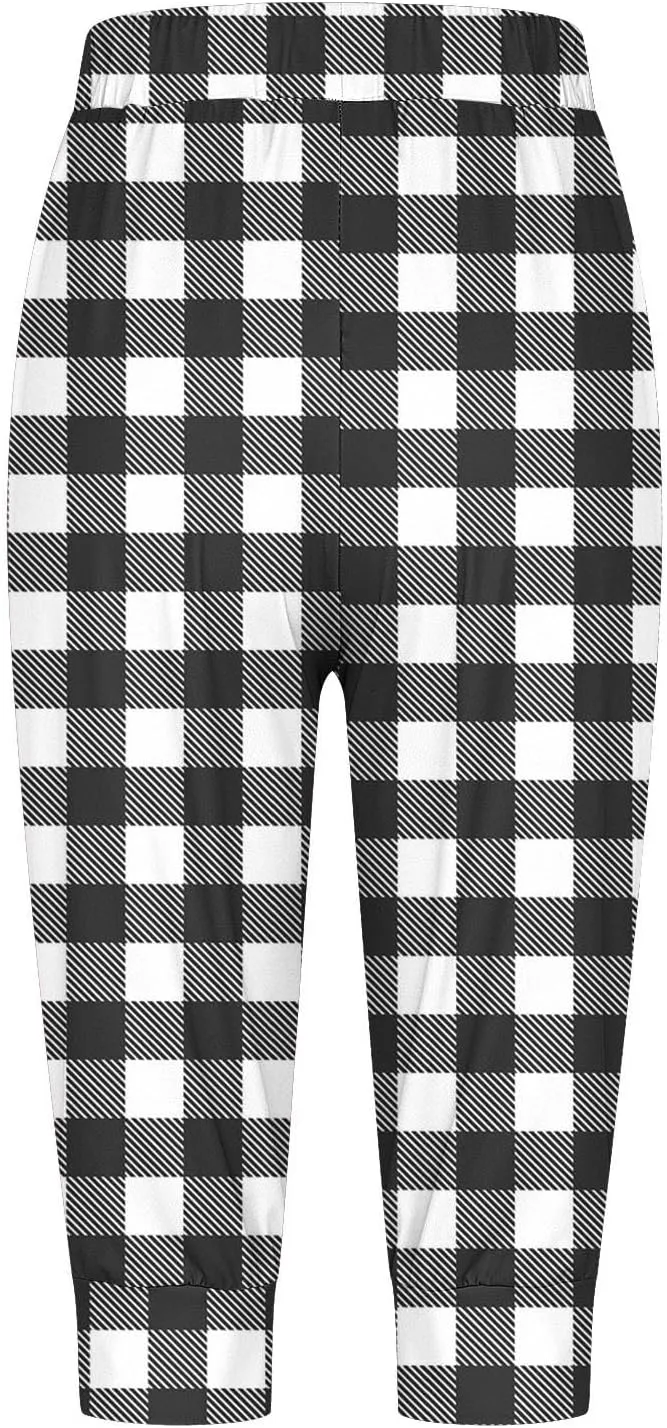 Casual Pants for Women Plaid Print Drawstring Pants Baggy Elastic Waist Straight Leg Comfort Trousers with Pockets