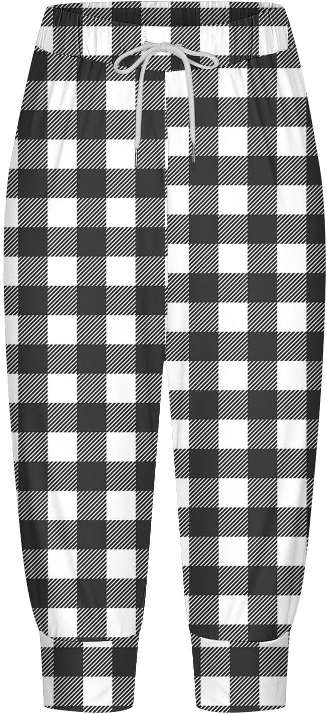 Casual Pants for Women Plaid Print Drawstring Pants Baggy Elastic Waist Straight Leg Comfort Trousers with Pockets