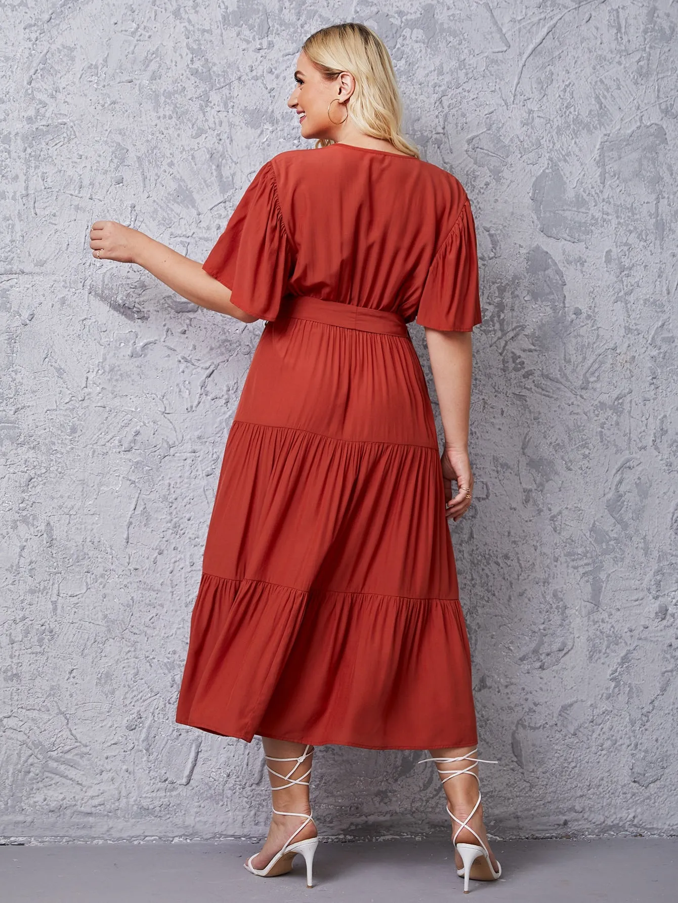 Casual Plain Belted Short Sleeve V Neck Flounce High Waist Long Plus Size Dress