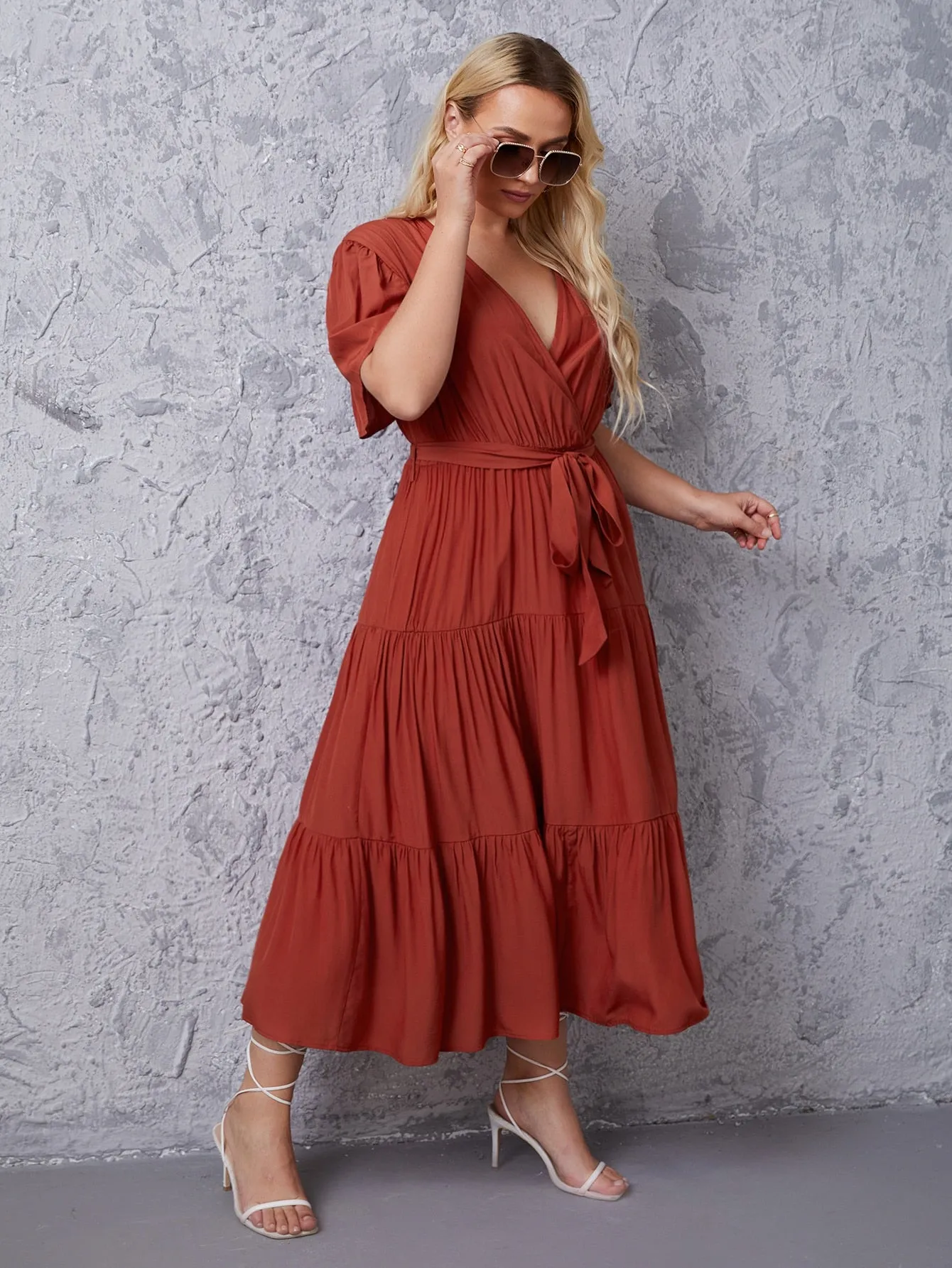Casual Plain Belted Short Sleeve V Neck Flounce High Waist Long Plus Size Dress