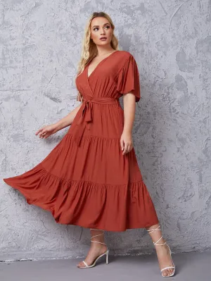 Casual Plain Belted Short Sleeve V Neck Flounce High Waist Long Plus Size Dress