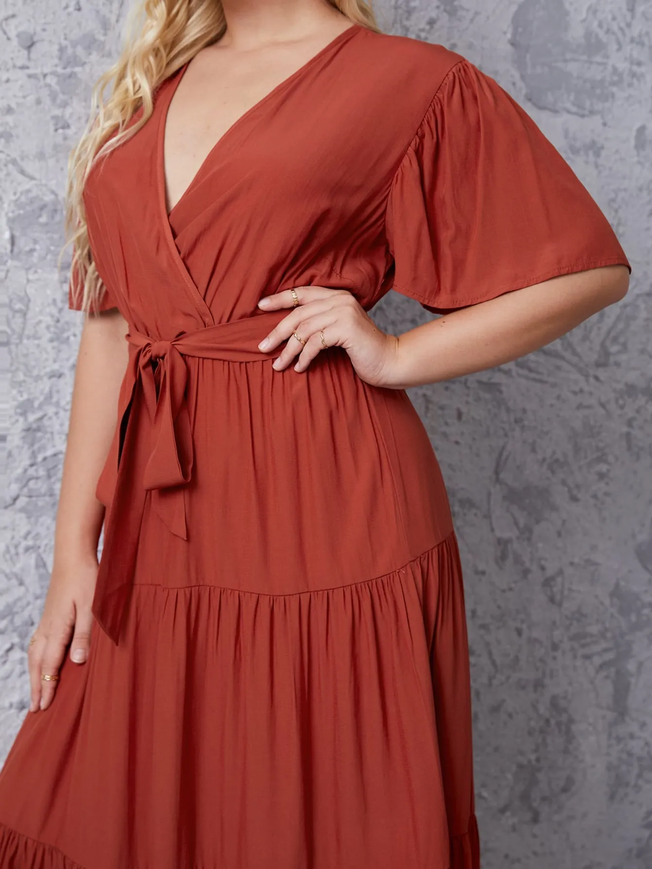 Casual Plain Belted Short Sleeve V Neck Flounce High Waist Long Plus Size Dress
