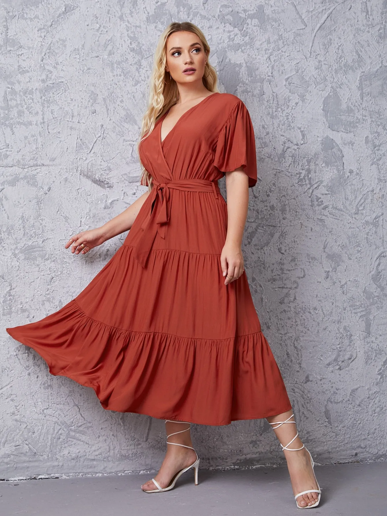 Casual Plain Belted Short Sleeve V Neck Flounce High Waist Long Plus Size Dress