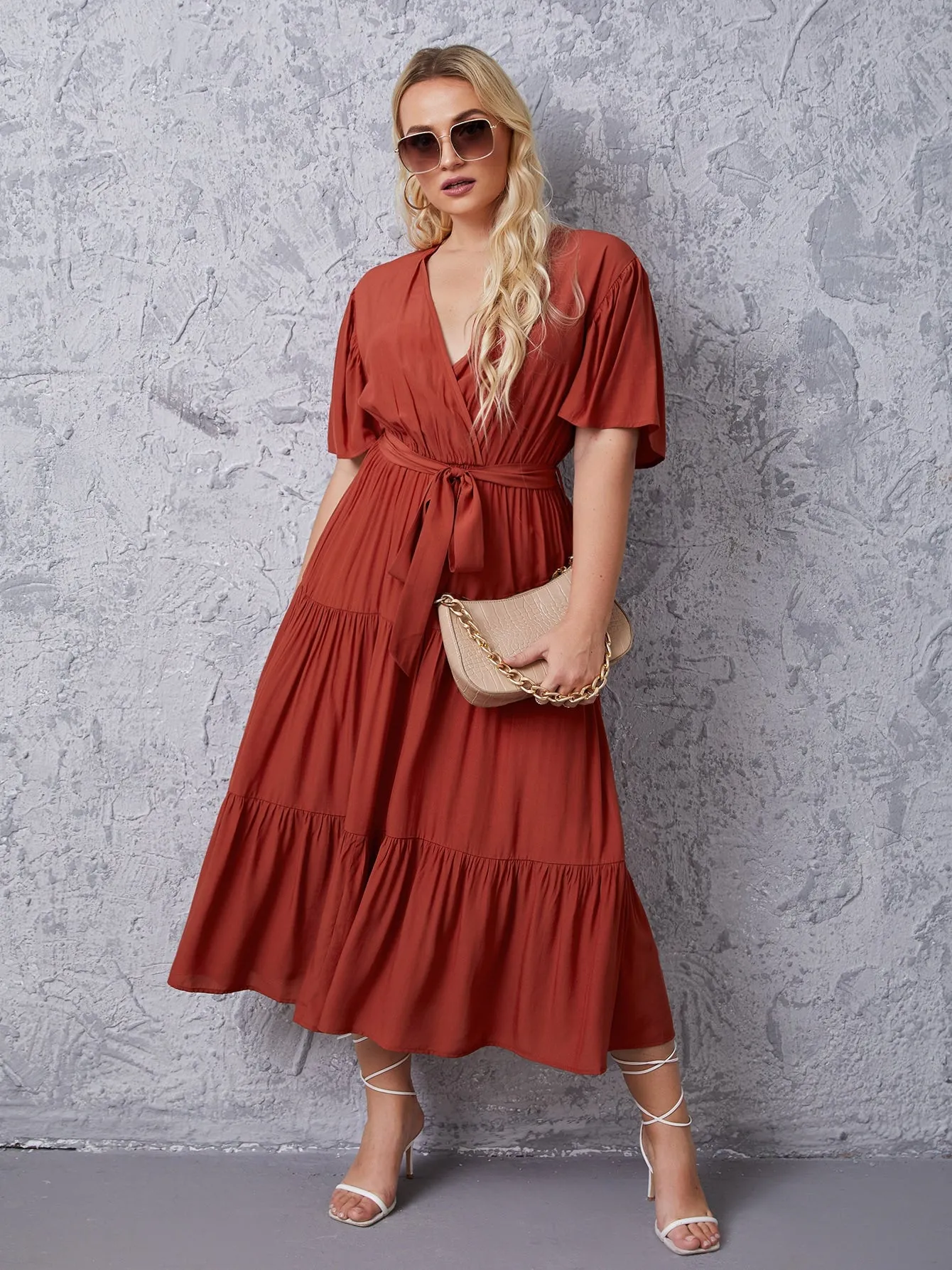 Casual Plain Belted Short Sleeve V Neck Flounce High Waist Long Plus Size Dress
