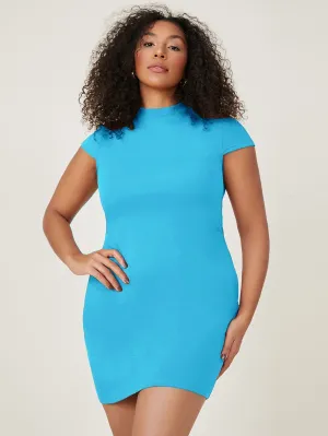Casual Plain Cap Sleeve Stand Collar Pencil Natural Short Plus Size Dress