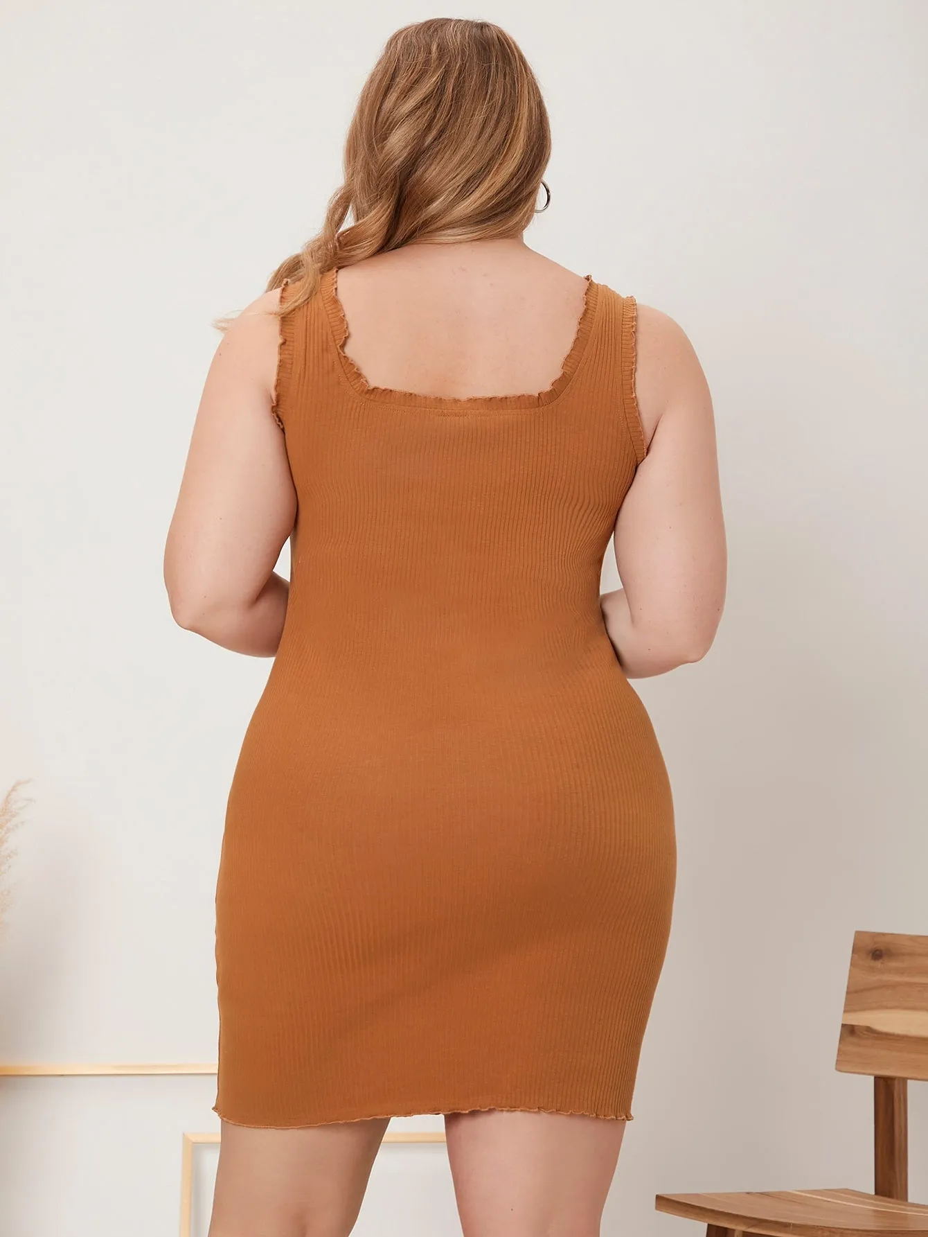 Casual Plain Lettuce Trim Sleeveless Scoop Neck Pencil Natural Short Plus Size Dress