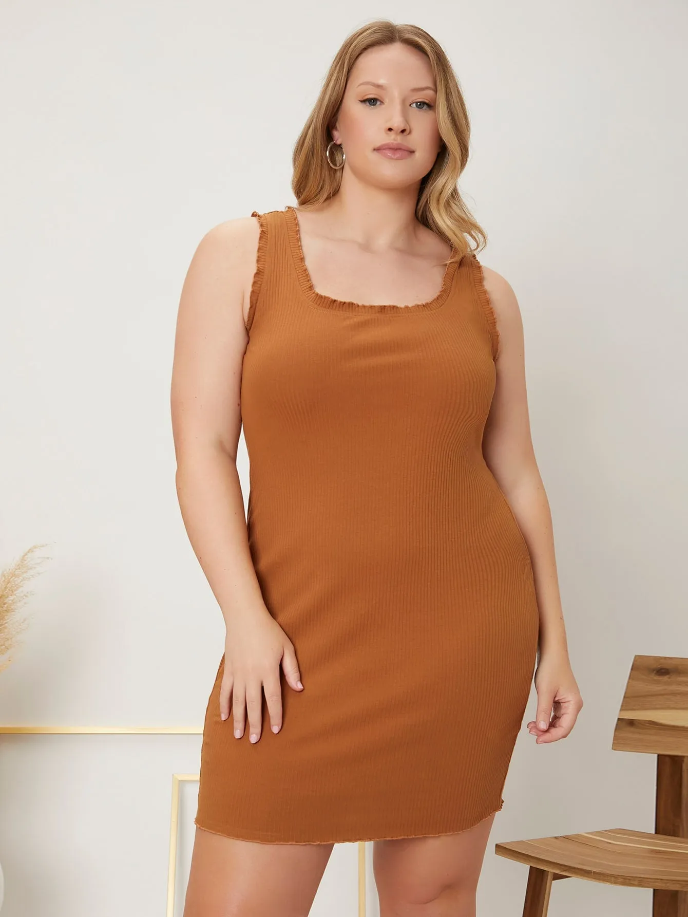 Casual Plain Lettuce Trim Sleeveless Scoop Neck Pencil Natural Short Plus Size Dress