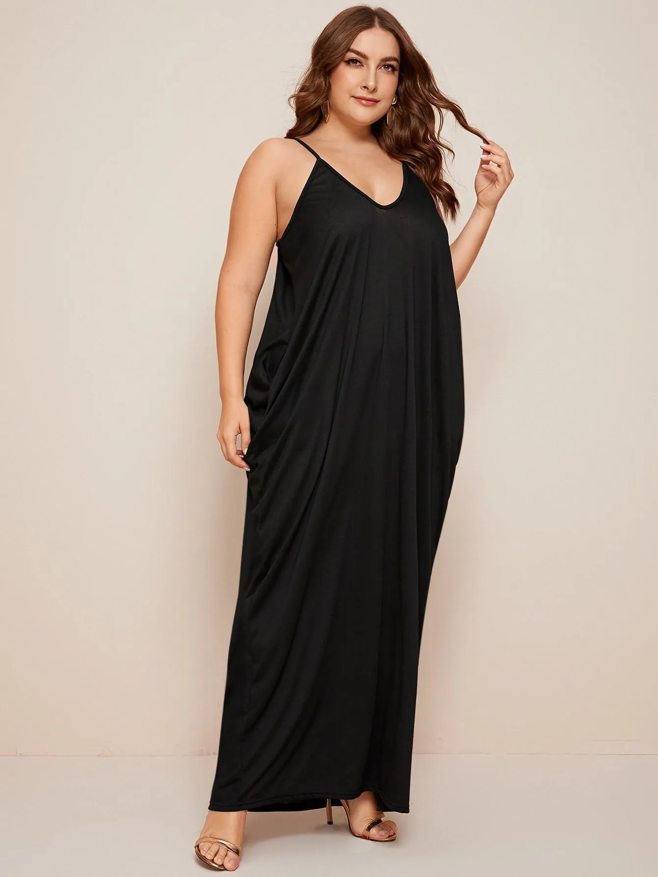 Casual Plain Pocket Sleeveless Spaghetti Strap Straight Natural Maxi Plus Size Dress