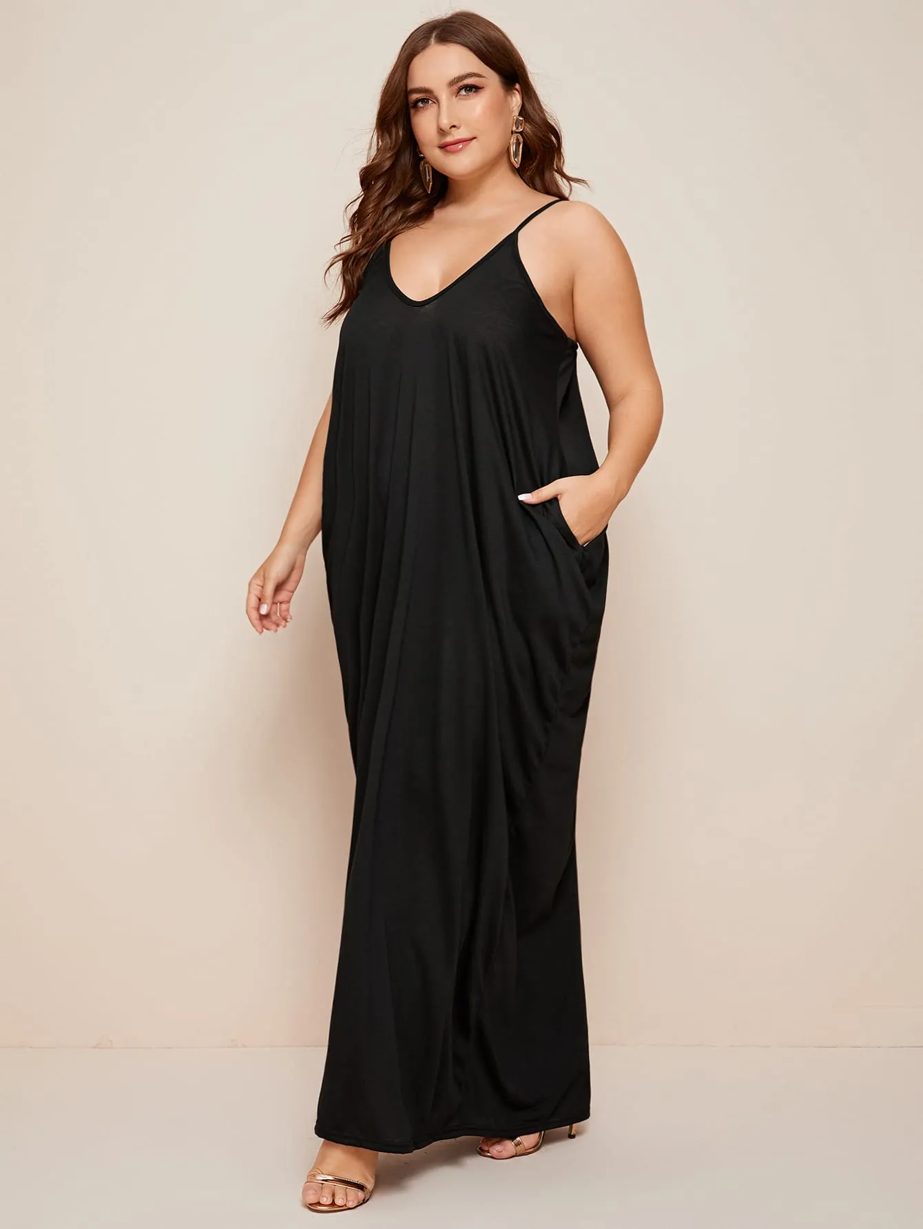 Casual Plain Pocket Sleeveless Spaghetti Strap Straight Natural Maxi Plus Size Dress