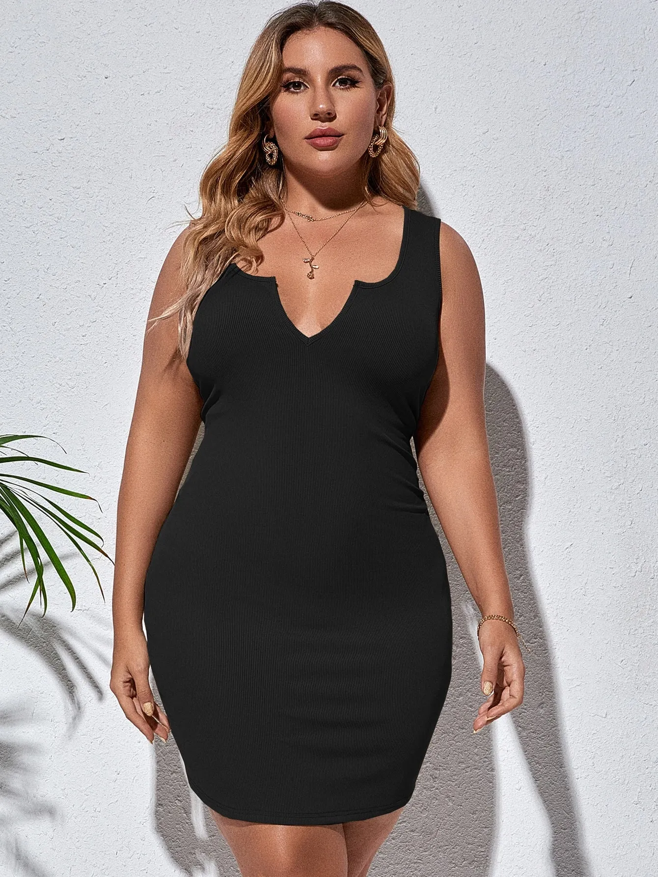Casual Plain Rib-Knit Sleeveless Notched Pencil Natural Short Plus Size Dress