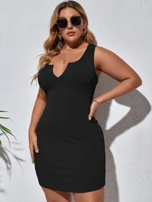 Casual Plain Rib-Knit Sleeveless Notched Pencil Natural Short Plus Size Dress