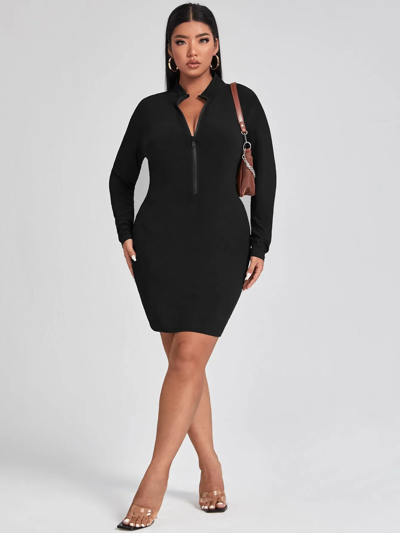 Casual Plain Zipper Long Sleeve Stand Collar Pencil Natural Short Plus Size Dress