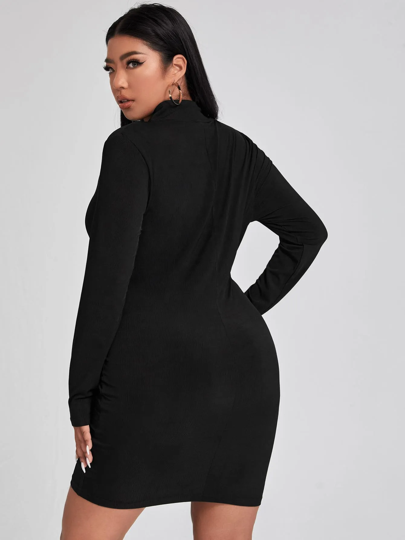 Casual Plain Zipper Long Sleeve Stand Collar Pencil Natural Short Plus Size Dress