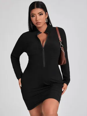 Casual Plain Zipper Long Sleeve Stand Collar Pencil Natural Short Plus Size Dress