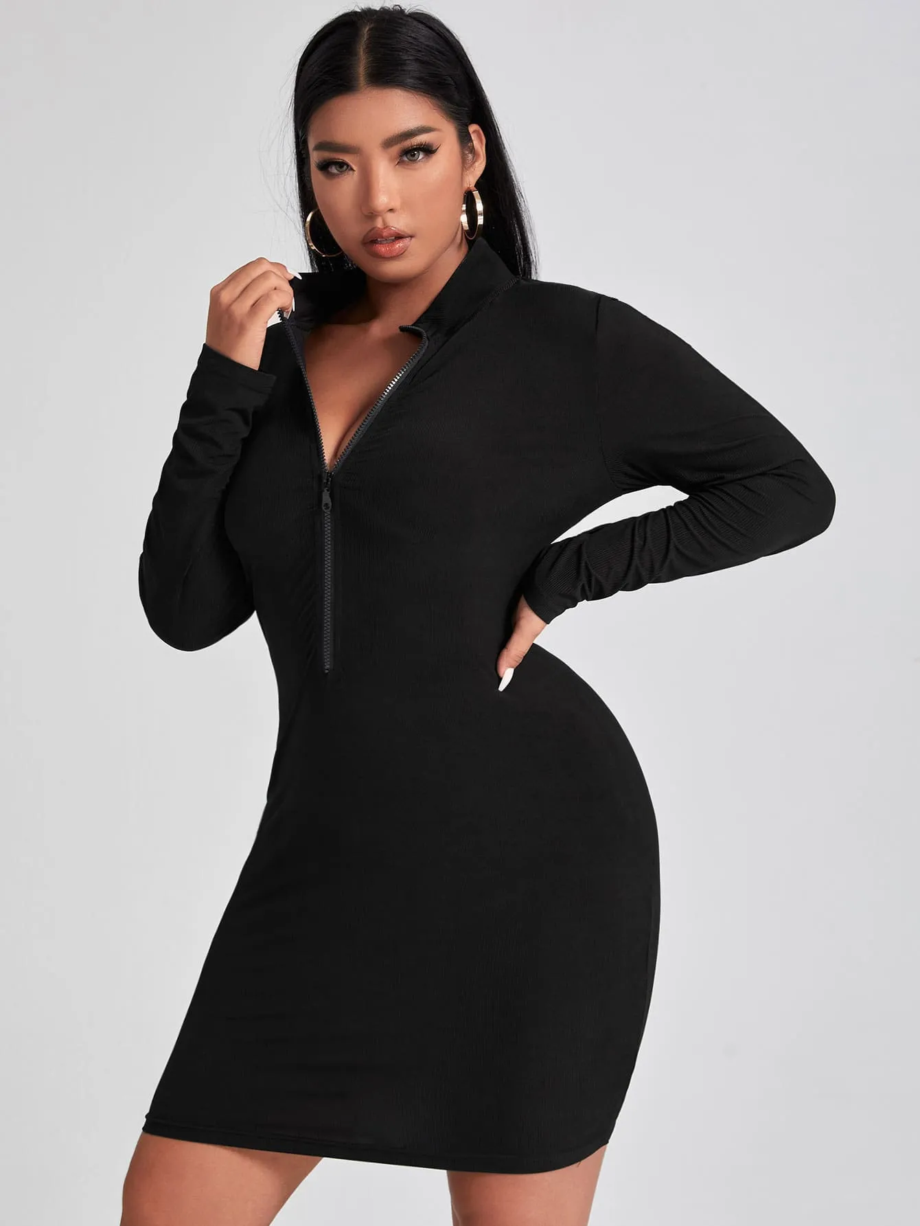 Casual Plain Zipper Long Sleeve Stand Collar Pencil Natural Short Plus Size Dress