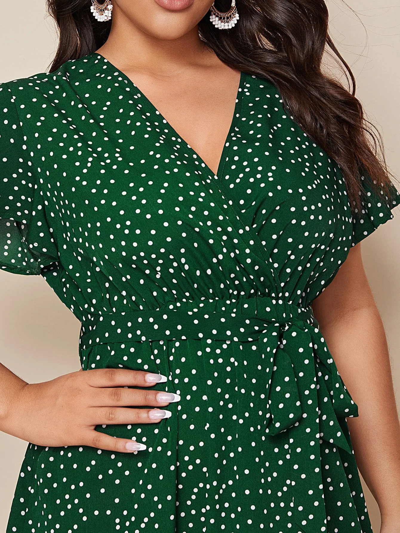 Casual Polka Dot Belted Short Sleeve V Neck Flared High Waist Midi Plus Size Dress