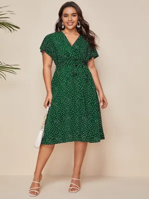 Casual Polka Dot Belted Short Sleeve V Neck Flared High Waist Midi Plus Size Dress