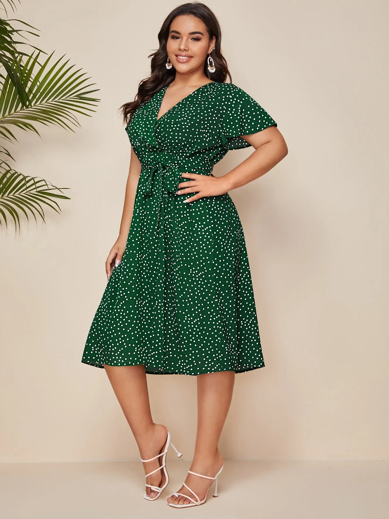 Casual Polka Dot Belted Short Sleeve V Neck Flared High Waist Midi Plus Size Dress