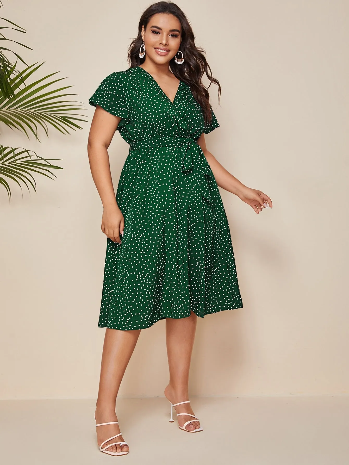 Casual Polka Dot Belted Short Sleeve V Neck Flared High Waist Midi Plus Size Dress
