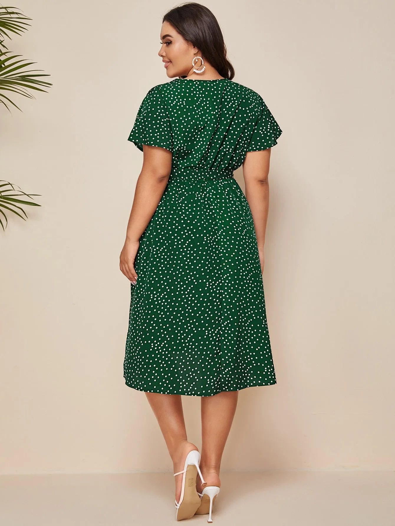Casual Polka Dot Belted Short Sleeve V Neck Flared High Waist Midi Plus Size Dress