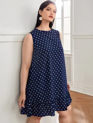 Casual Polka Dot Sleeveless Round Neck Flared Short Plus Size Dress