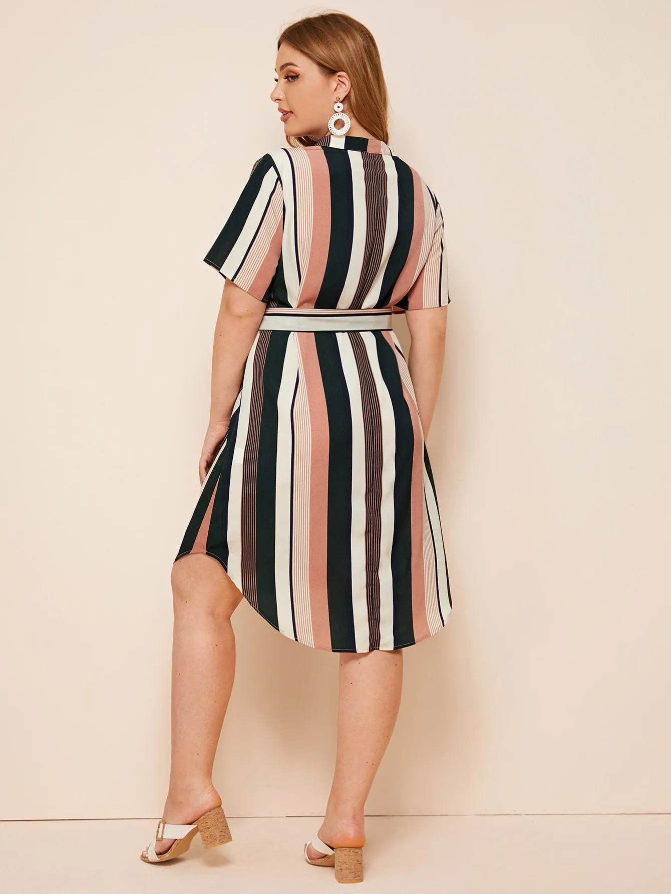 Casual Striped Belted Short Sleeve Notched Straight Natural Knee Length Plus Size Dress