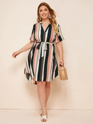 Casual Striped Belted Short Sleeve Notched Straight Natural Knee Length Plus Size Dress
